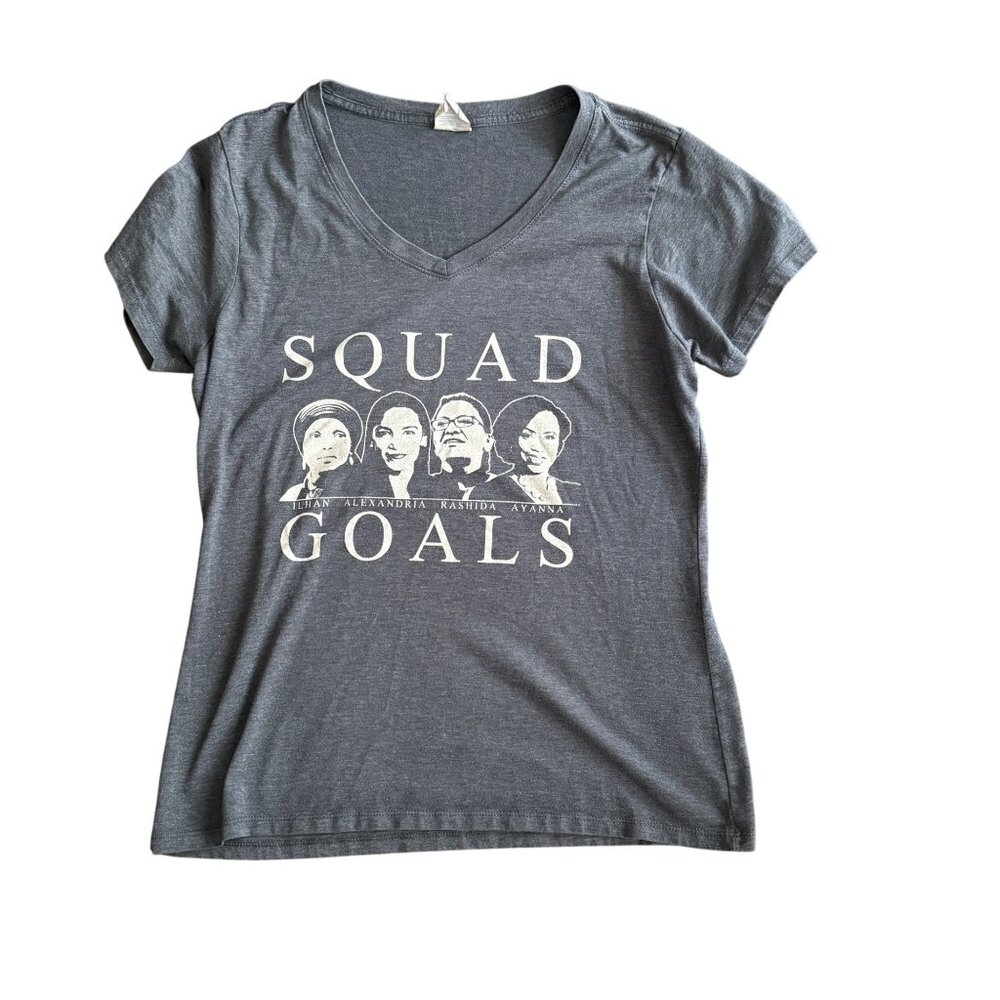 Squad Goals Womens Charcoal Gray V-Neck T-Shirt Featuring Iconic Political Figur
